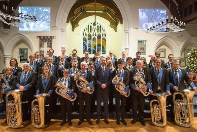 Resplendent in the new uniforms, Godalming Band with MD James Haigh