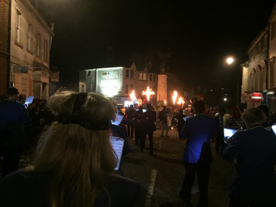 Marching up to the war memorial with Lewes Borough Bonfire Society at the start of the evening